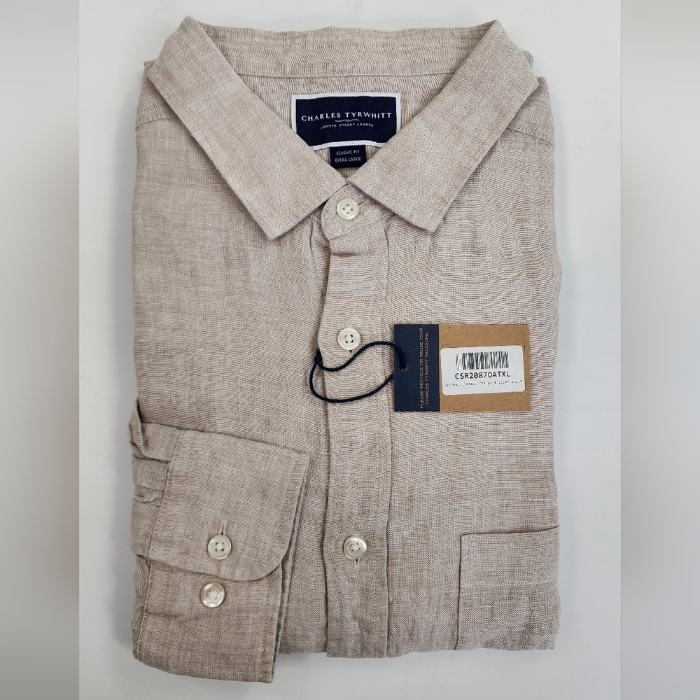 CHARLES TYRWHITT Shirt Classic Fit Long Sleeve 100% Linen Casual Size XL